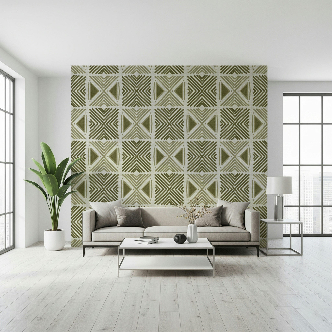 Khaki chevron and triangle design, Tribal Herbs Motif, accent wallpaper.