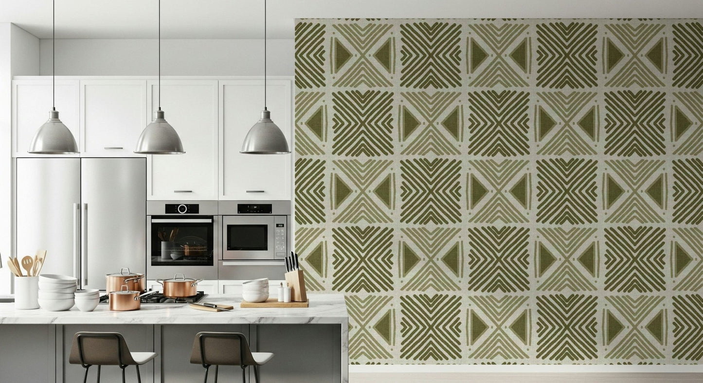 Modern African geometric design wallpaper in muted green tones.