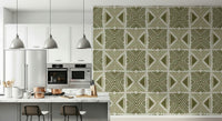 Modern African geometric design wallpaper in muted green tones.