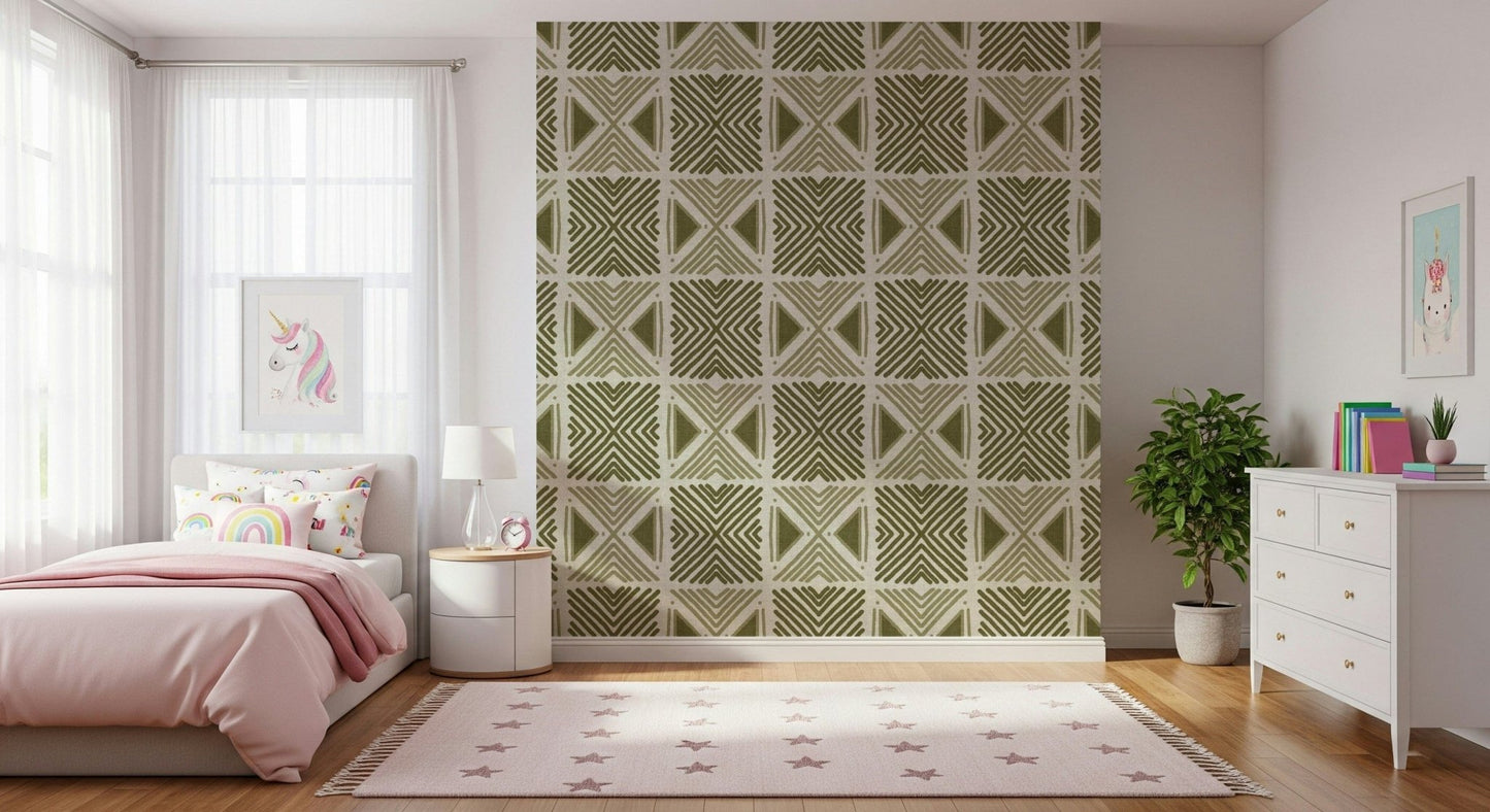 Elegant khaki patterned wall mural, unique Tribal Herbs fabric texture.