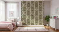 Elegant khaki patterned wall mural, unique Tribal Herbs fabric texture.