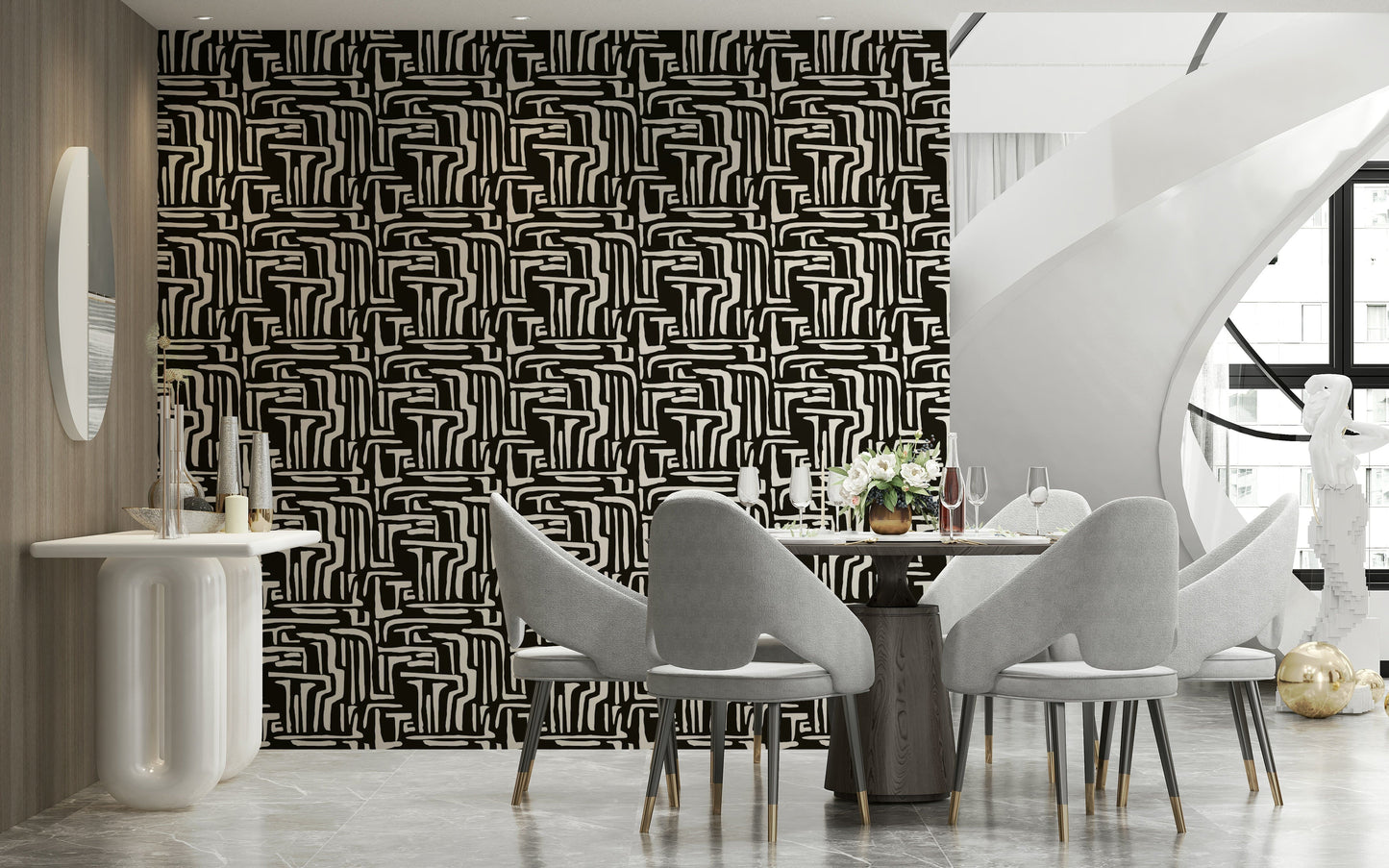 Tribal-inspired design, black background, Modern Tribal Maze wall covering.
