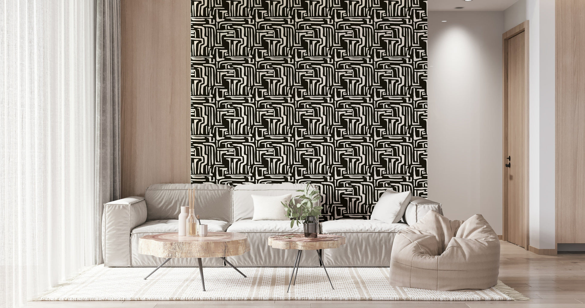 Intricate Modern Tribal Maze pattern, dense graphic texture, room accent.