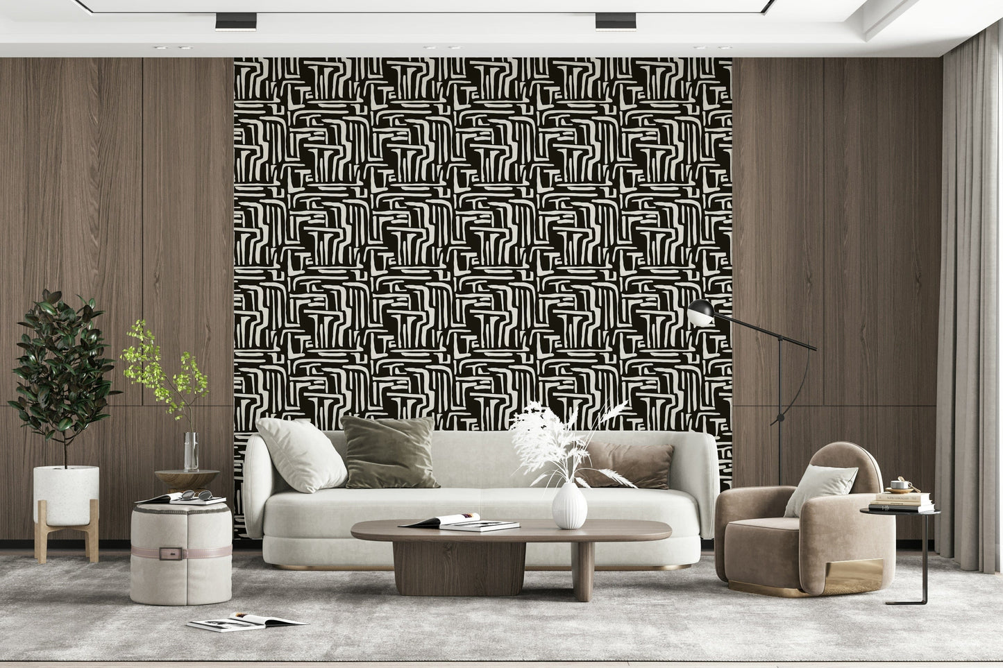 Artistic patterned backdrop, bold repetitive style, Modern Tribal Maze design.