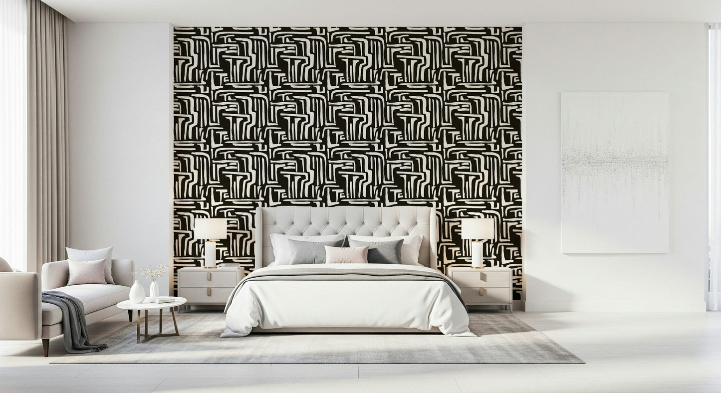 Geometrical black and ivory motif, unique Modern Tribal Maze aesthetic.