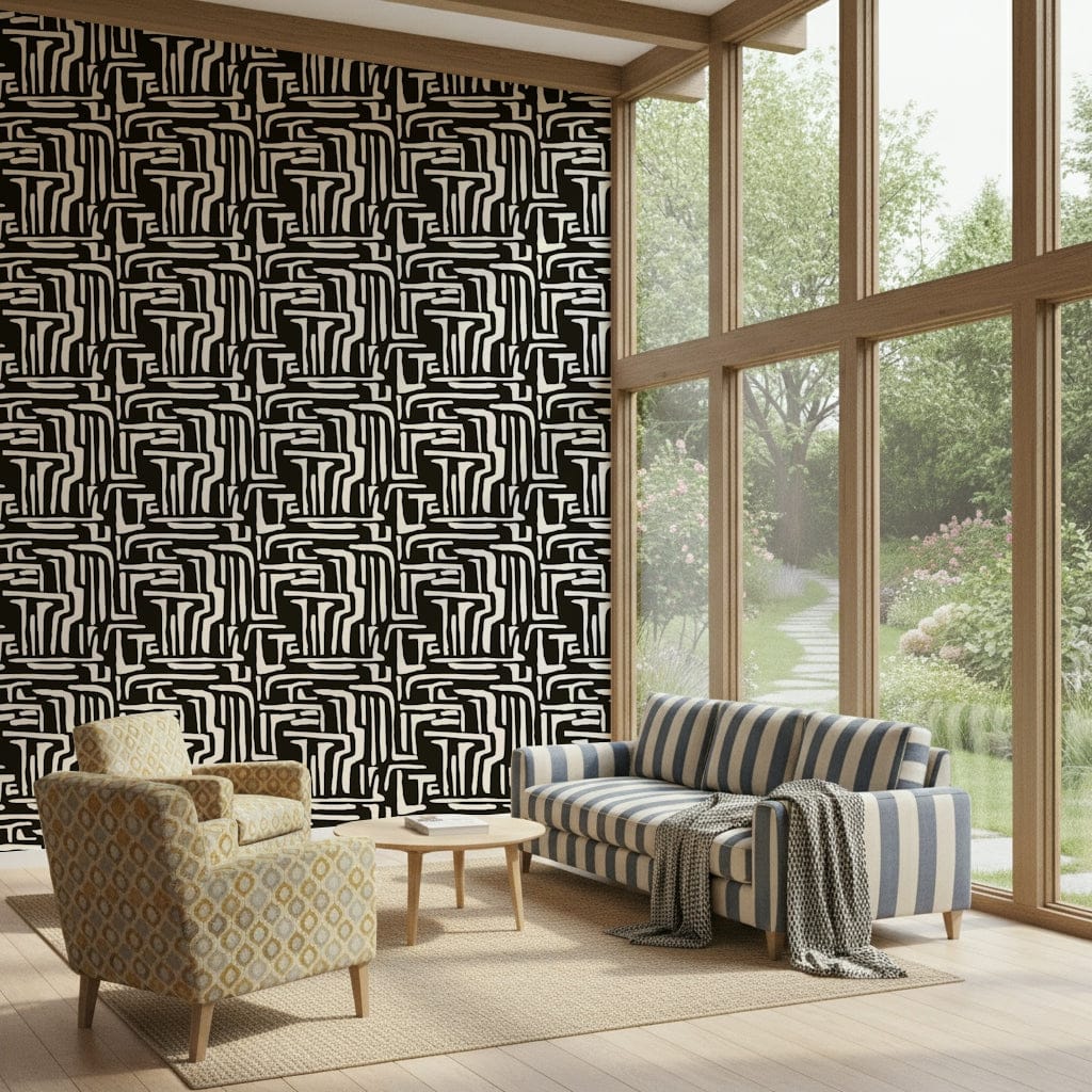 Striking linear arrangement, Modern Tribal Maze pattern wallpaper piece.
