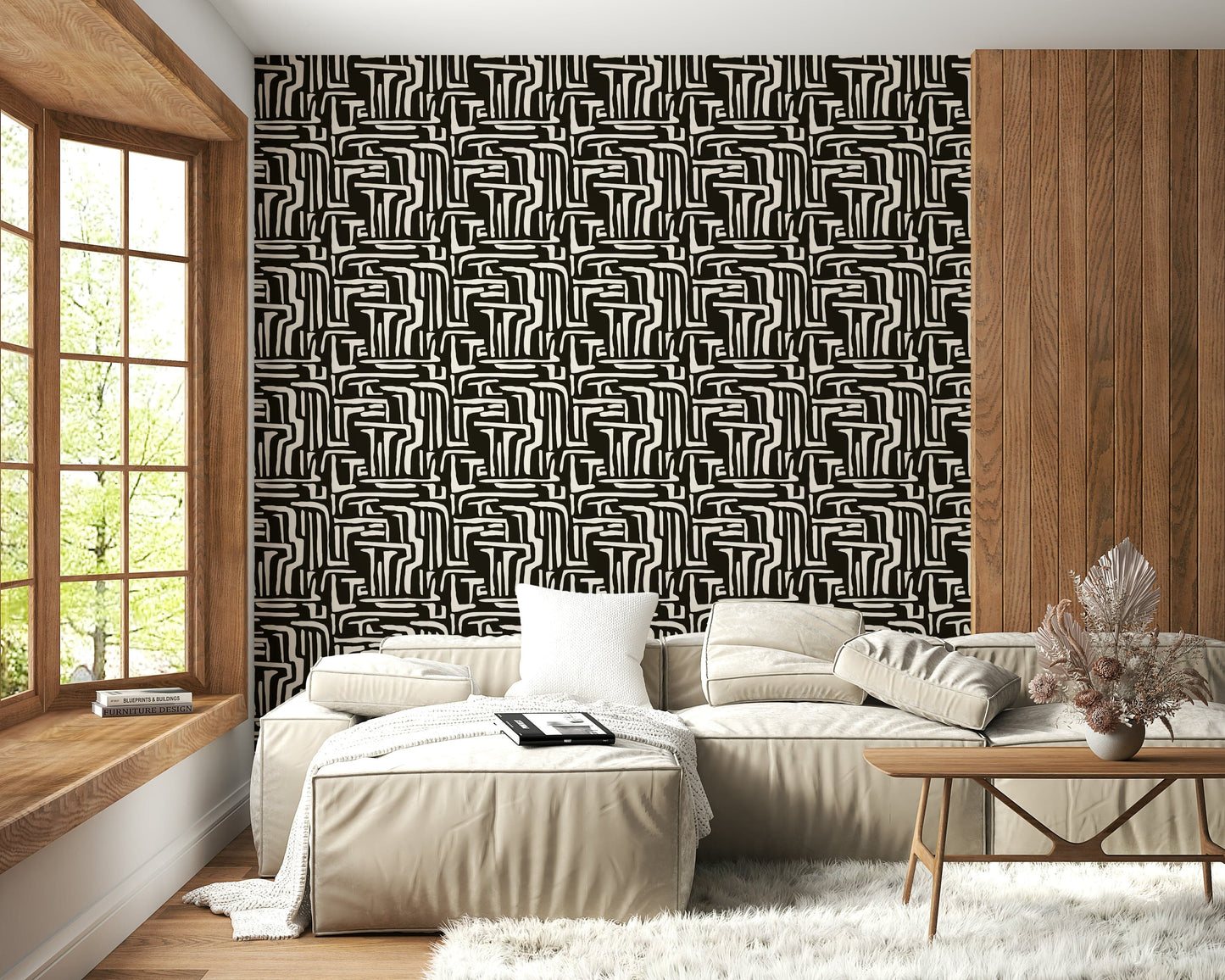Abstract doodle style, bold pattern wallpaper, Modern Tribal Maze surface.