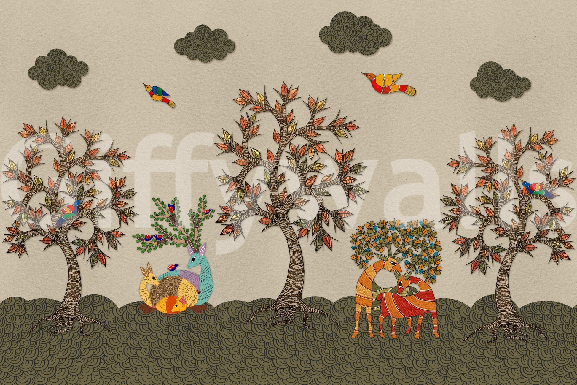 Animal wallpaper with stylized forest life and hand-illustrated details