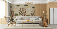 Woodland wallpaper featuring trees, animals, and muted natural colors