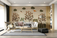 Tree wallpaper with detailed branches, leaves, and woodland creatures