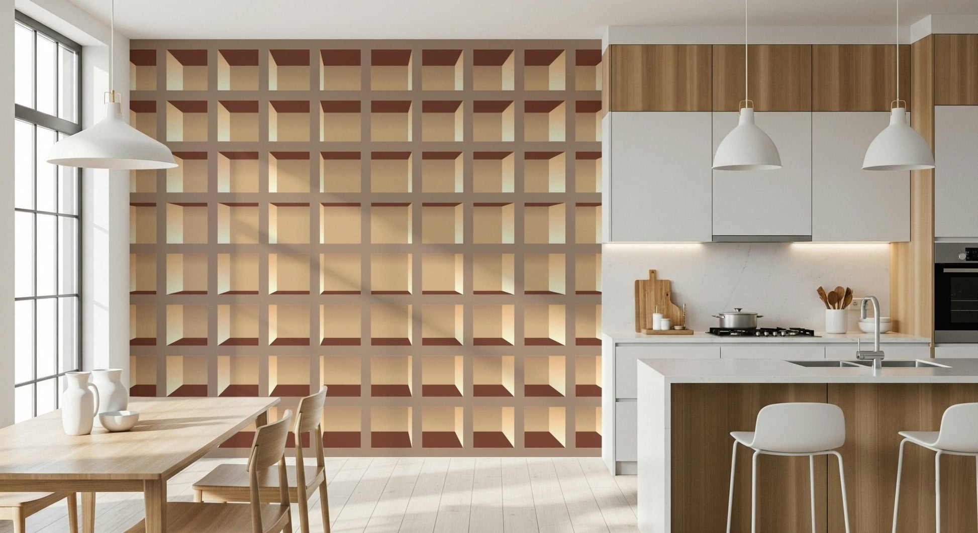 Built-in shelf illusion mural on living room TV wall, modern neutral style