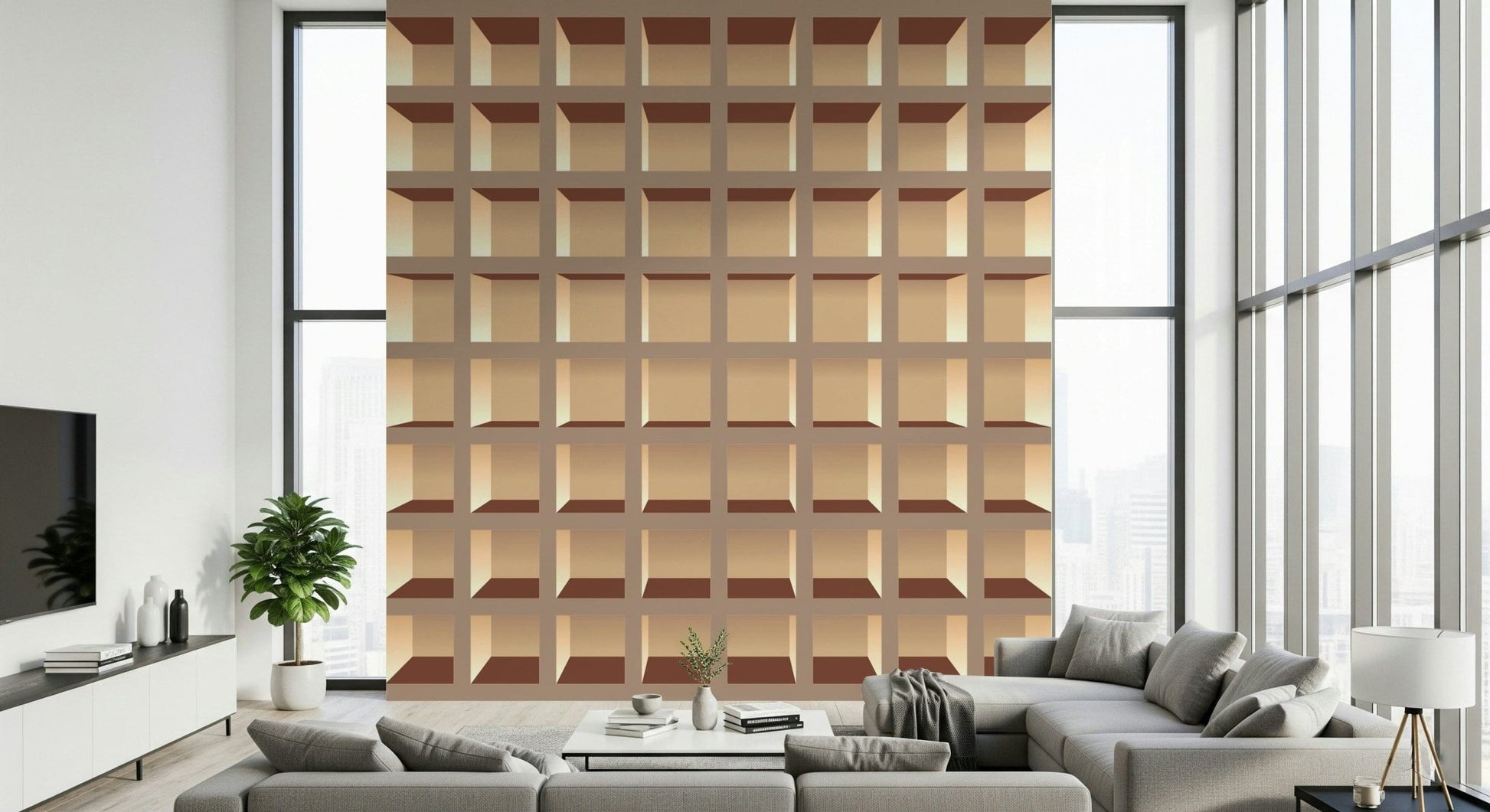 Neutral bookshelf wallpaper mural for reading nook wall, soft wood tones
