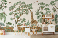 A calming jungle design wallpaper mural that defines a space.

