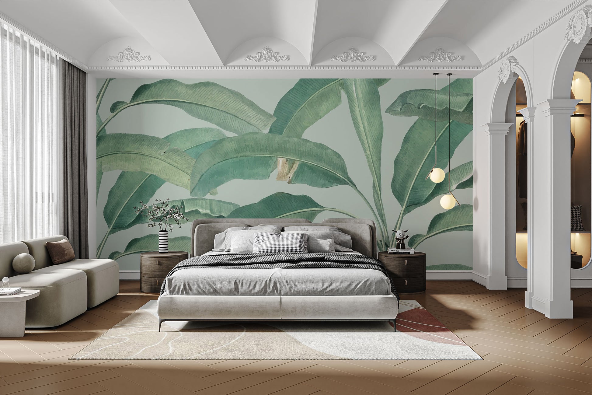 Bright lime and Banana Leaf green bedroom wall mural for a fresh feature wall.