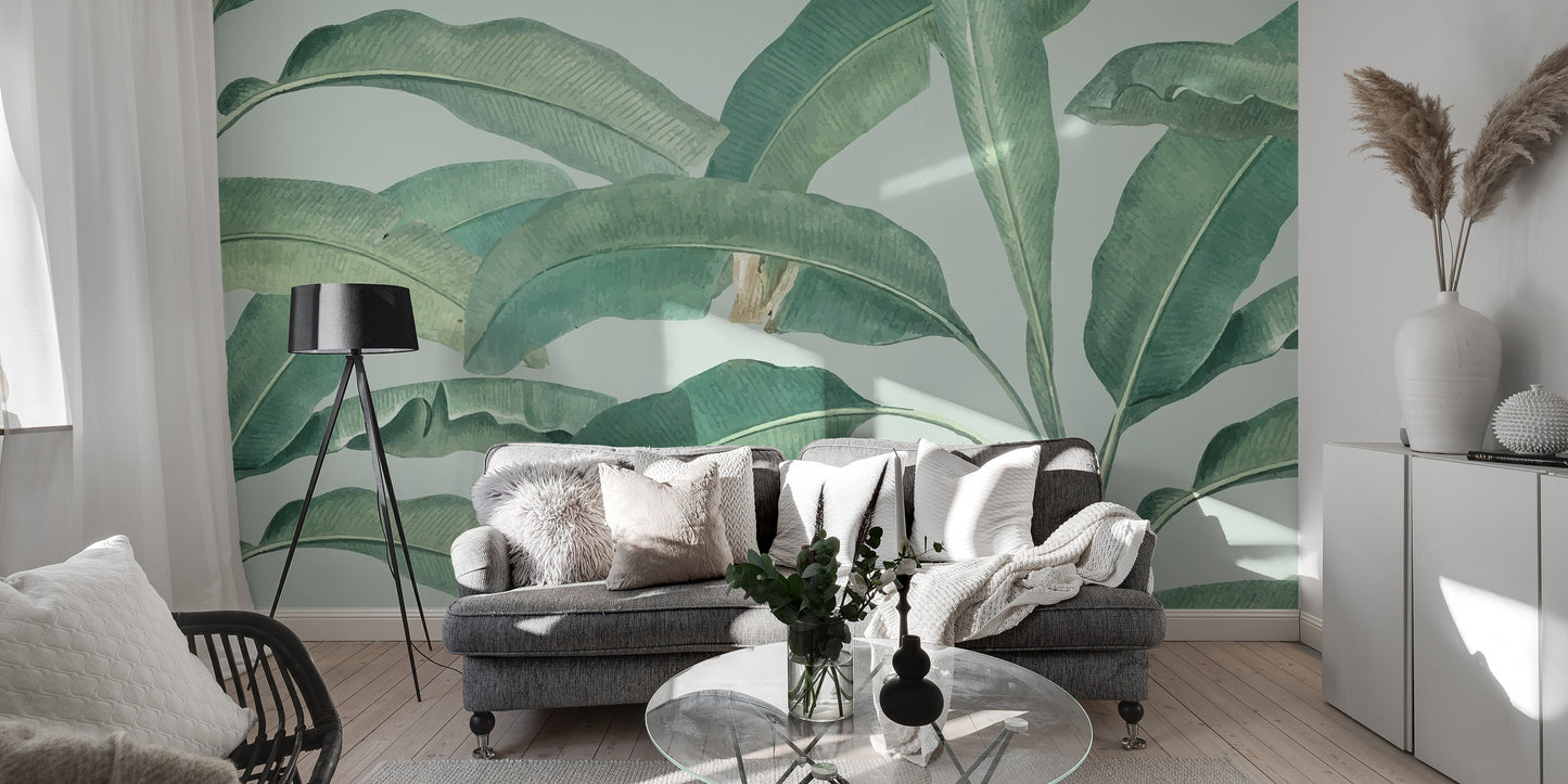 Soft watercolor Tropical Banana Leaf wallpaper mural for a hallway serene look.