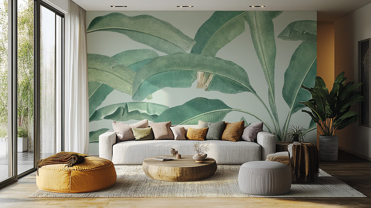 Vibrant Banana Leaf living room wall mural featuring overlapping jungle leaf patterns.