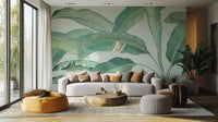 Vibrant Banana Leaf living room wall mural featuring overlapping jungle leaf patterns.