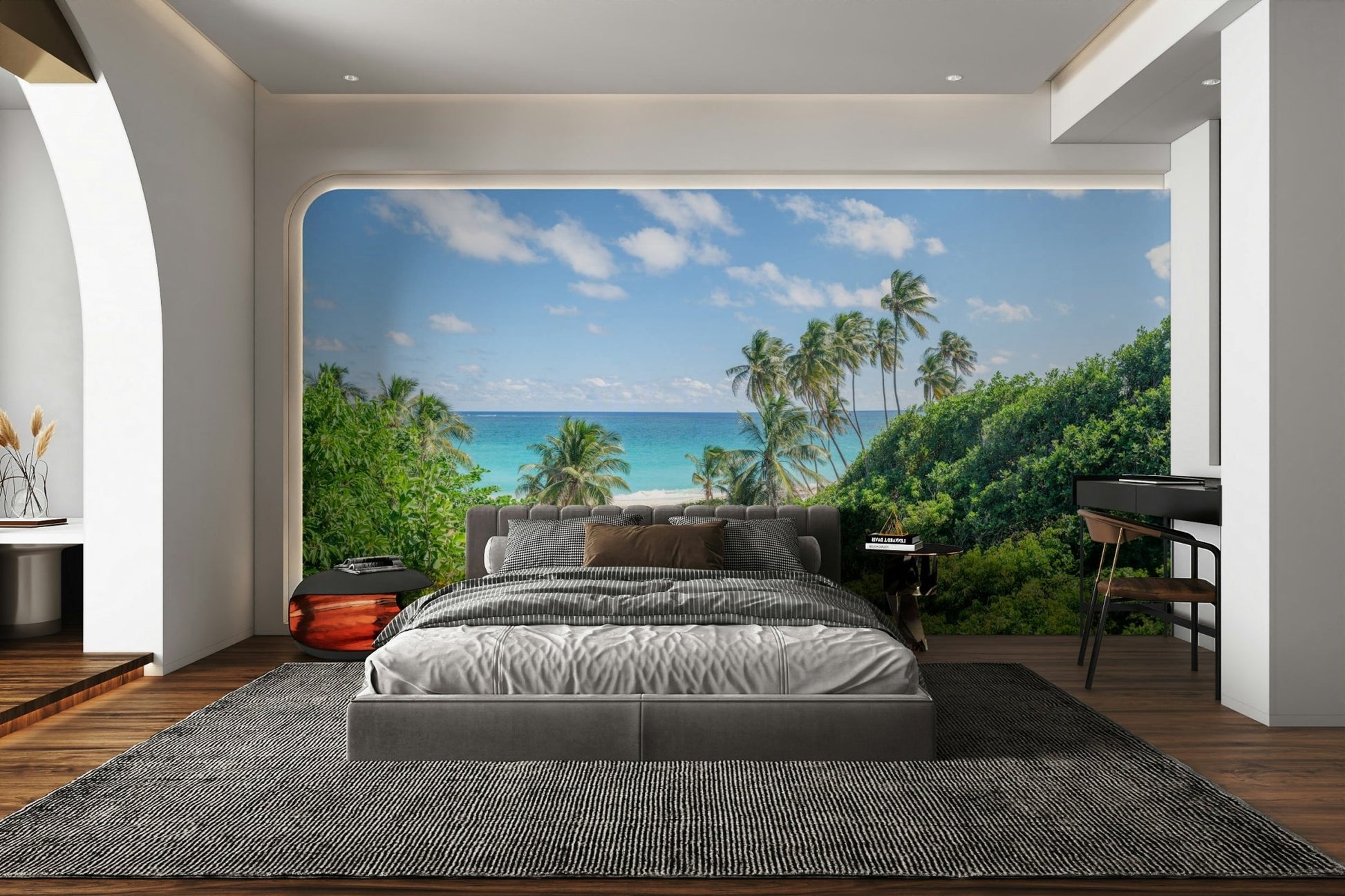Scenic tropical beach wall design with palm shadows.

