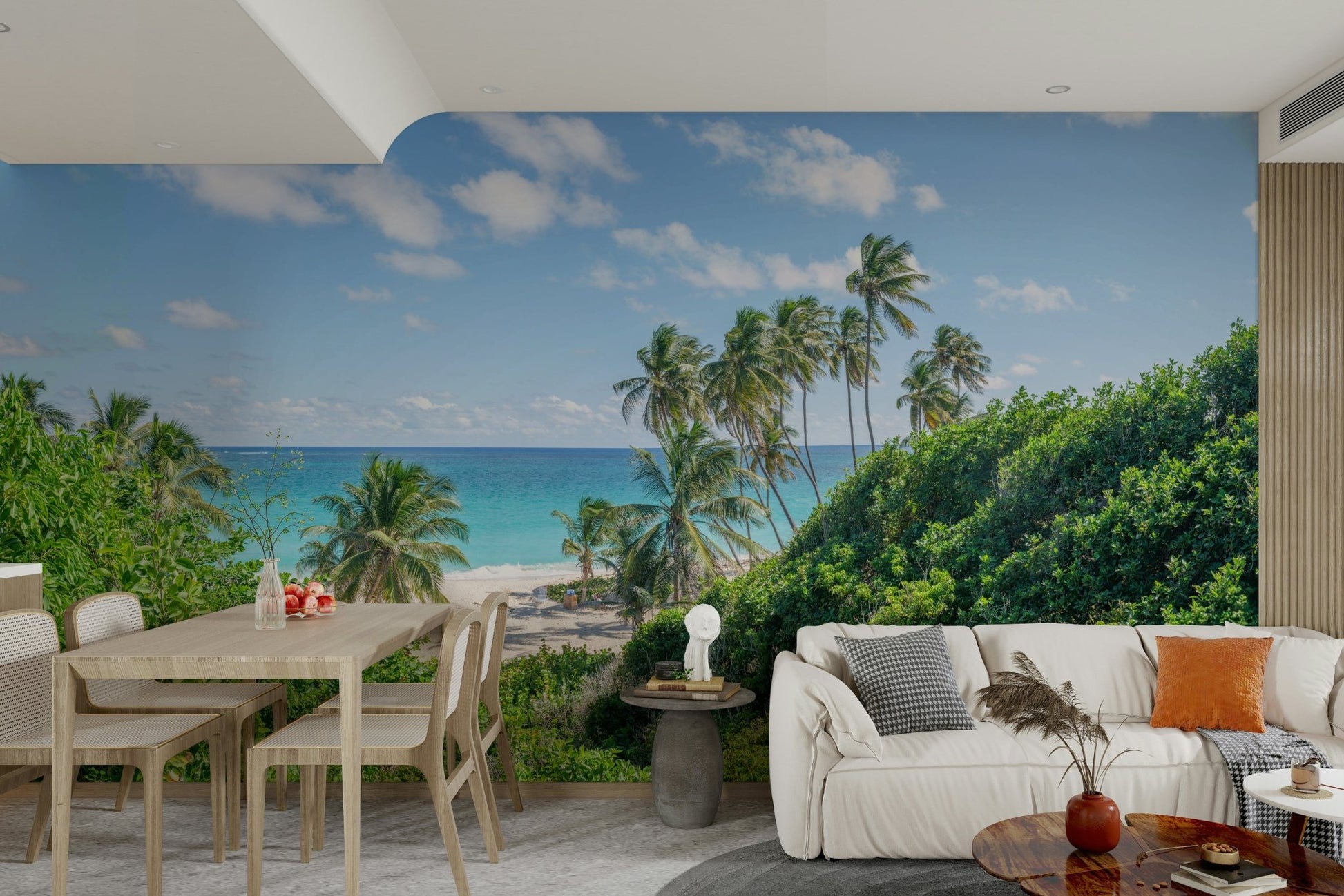 Wallpaper mural of palm trees on sunny white sand beach.

