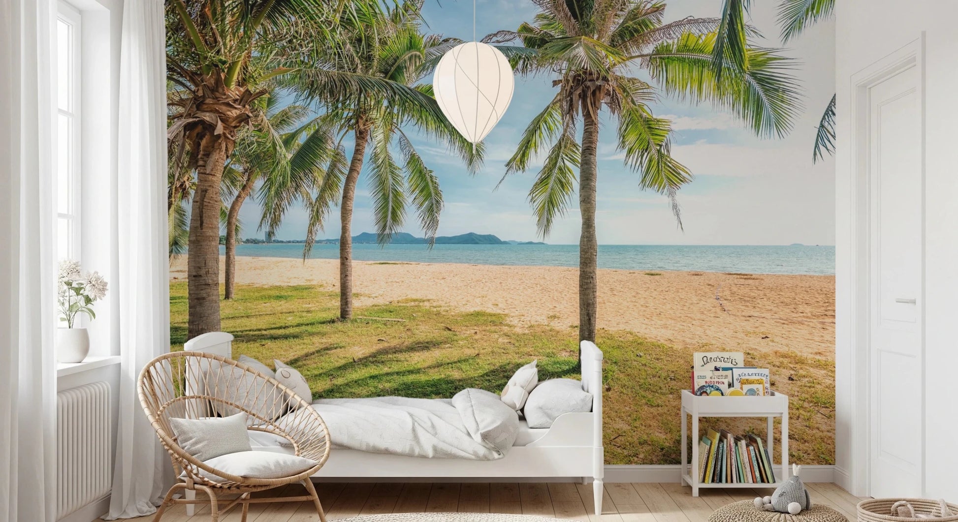 Palm-lined wall mural brightens airy bedroom view