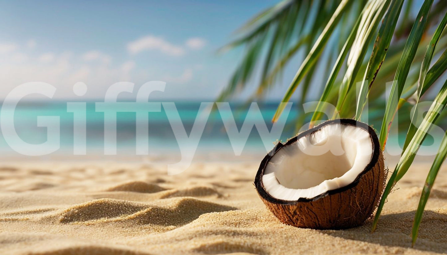 Subtle palm tree mural in a guest room with light wood accents and textiles.