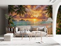 Sunlit tropical beach dawn wallpaper with blue tones for a Living room accent wall. 