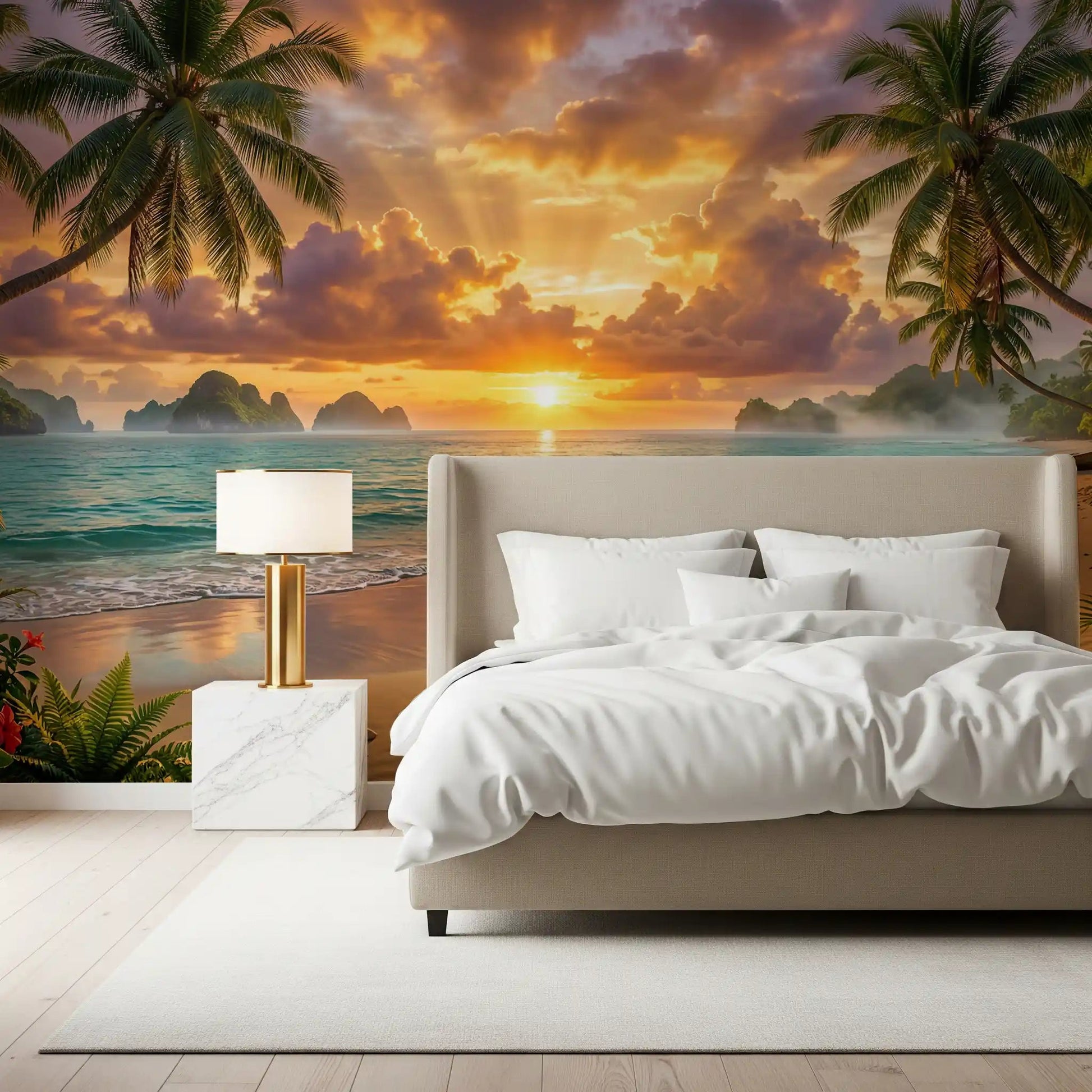 Modern tropical beach dawn wallpaper with sandy shores and sunrise in a bedroom.