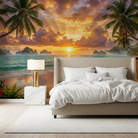 Modern tropical beach dawn wallpaper with sandy shores and sunrise in a bedroom.