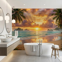 Tropical beach dawn wallpaper featuring palm trees and calm ocean for a Bathroom.