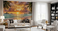 Tropical beach dawn wallpaper with sunrise hues for a bright Dining area.