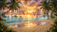Feature wall wallpaper showing a serene tropical beach dawn with soft colors.