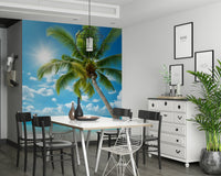 Serene Tranquil Beach Wall Mural behind bed in airy bedroom, pale blue sea and beige shore