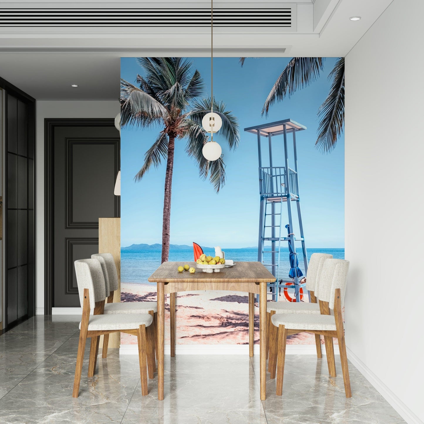 Coastal lookout wallpaper in bedroom, ocean view and sand colours above headboard