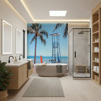 Beach viewpoint wall mural for dining area, calm coastal feature wall styling