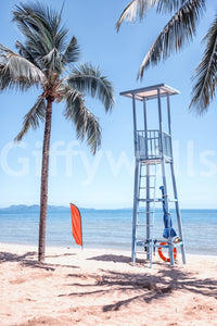 Lifeguard's View wall mural in study, tidy coastal backdrop for work zone