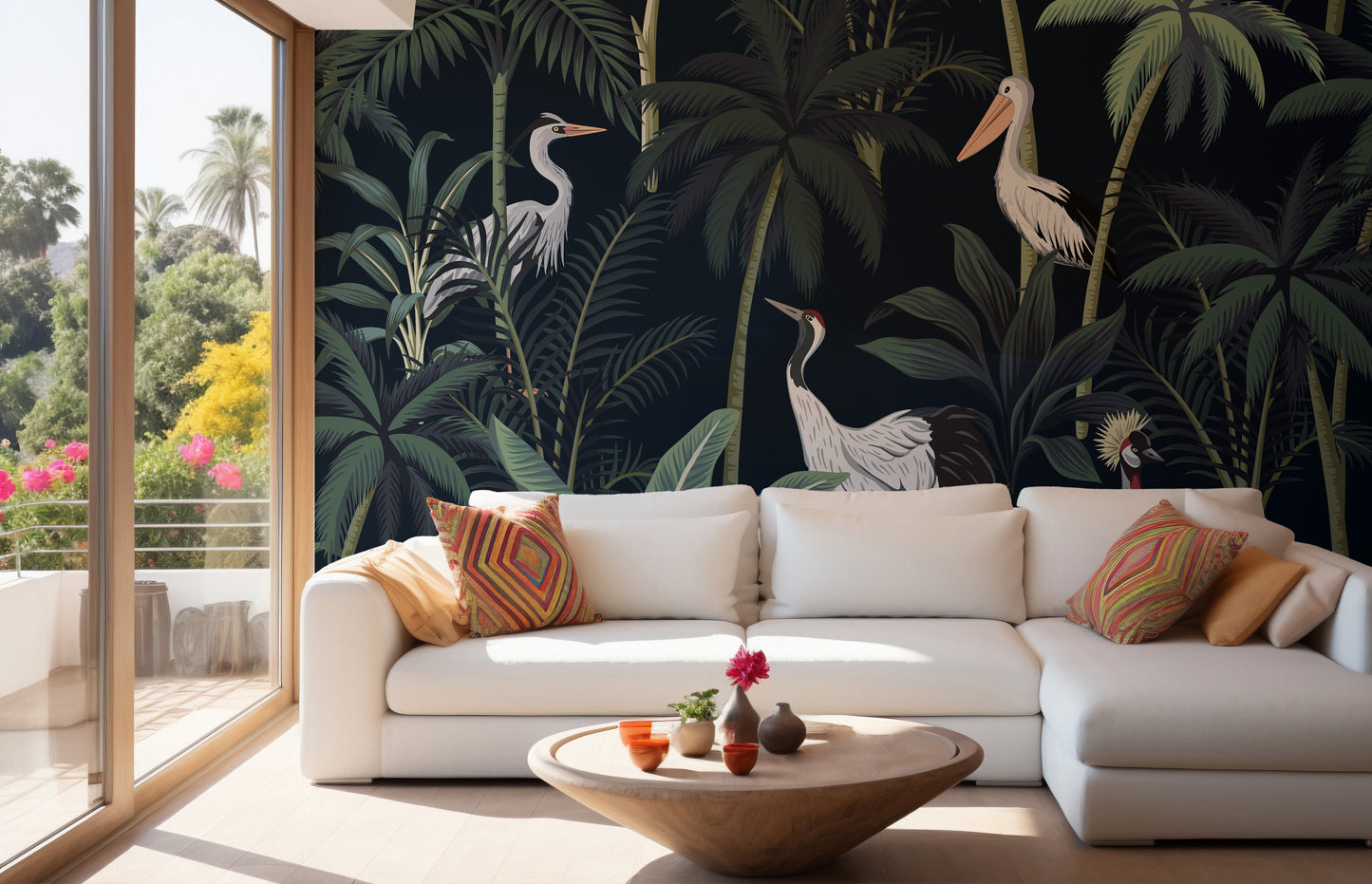 Tropical birds in night sky wallpaper for rooms