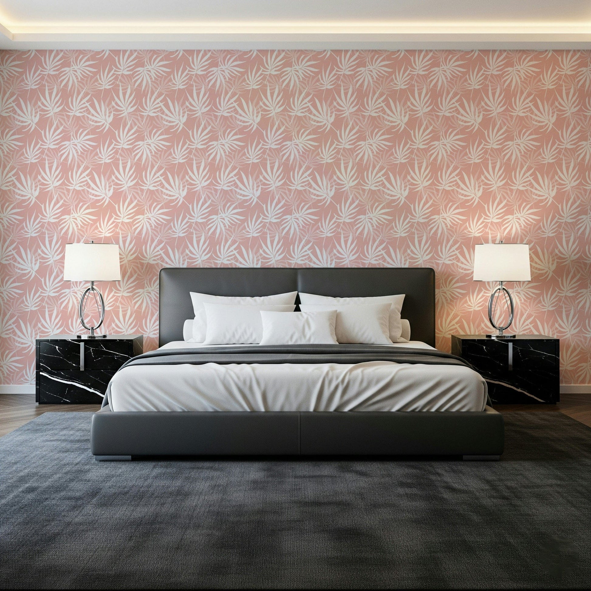 Blush tropical wallpaper in modern bedroom