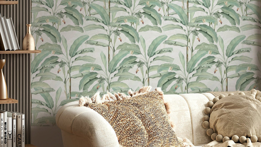 Close-up of tropical plants and vivid green foliage in a serene design.


