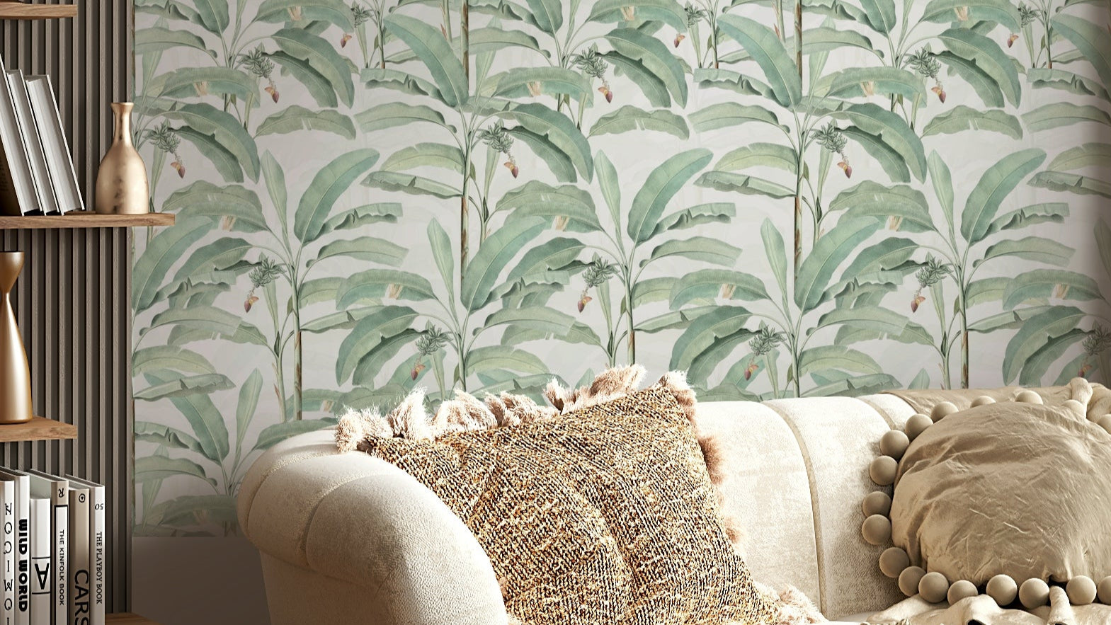 Close-up of tropical plants and vivid green foliage in a serene design.

