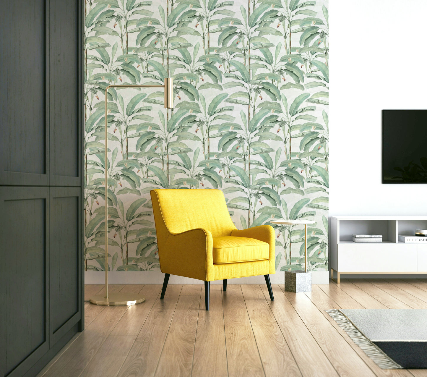 Nature-inspired wallpaper with palm fronds and colorful tropical flowers.

