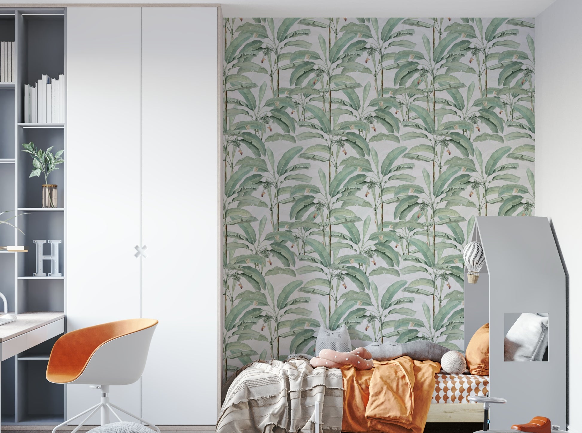 Wallpaper featuring large green leaves and soft tropical blooms.

