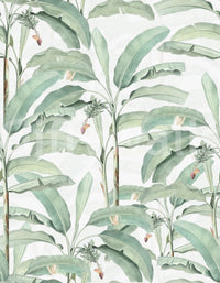 Wallpaper with lush palms and vibrant tropical blooms for a dreamy look.

