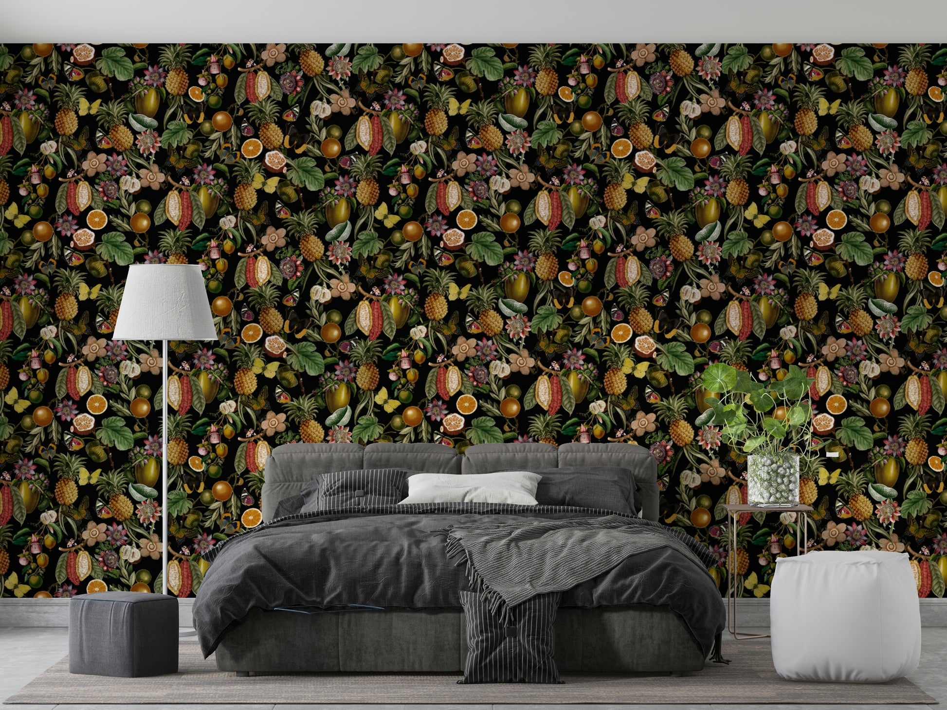 Exotic floral wall mural with tropical flowers and foliage.

