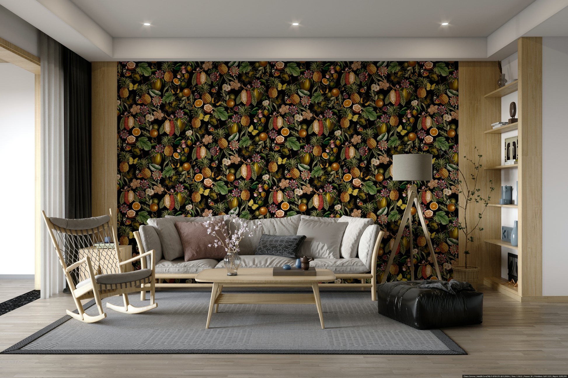 Lush tropical wallpaper with detailed foliage and vibrant flowers.

