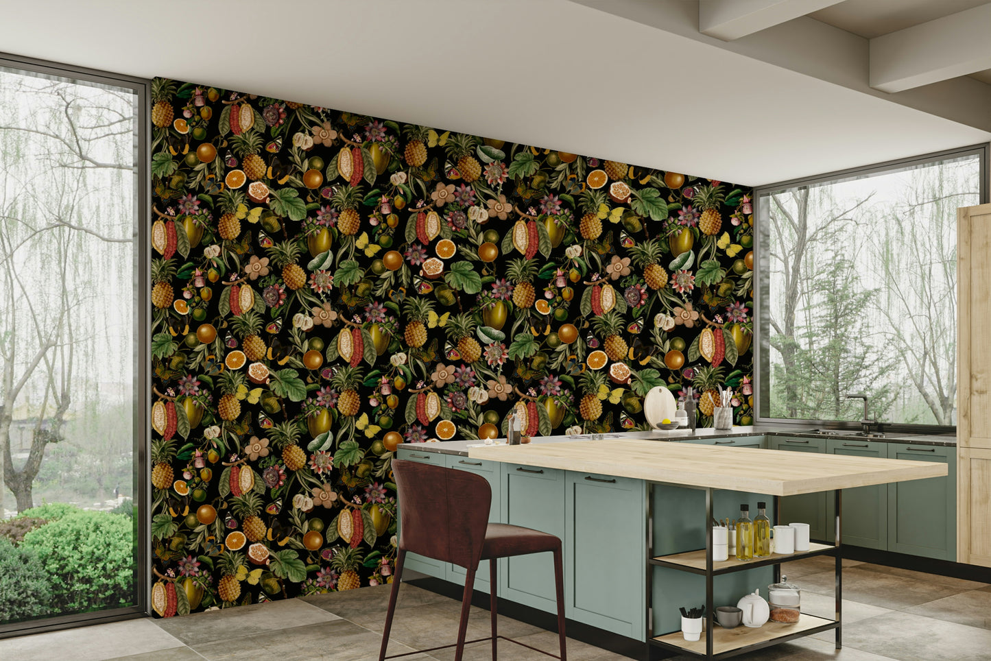 Bold tropical wallpaper with exotic flowers and detailed leaves.

