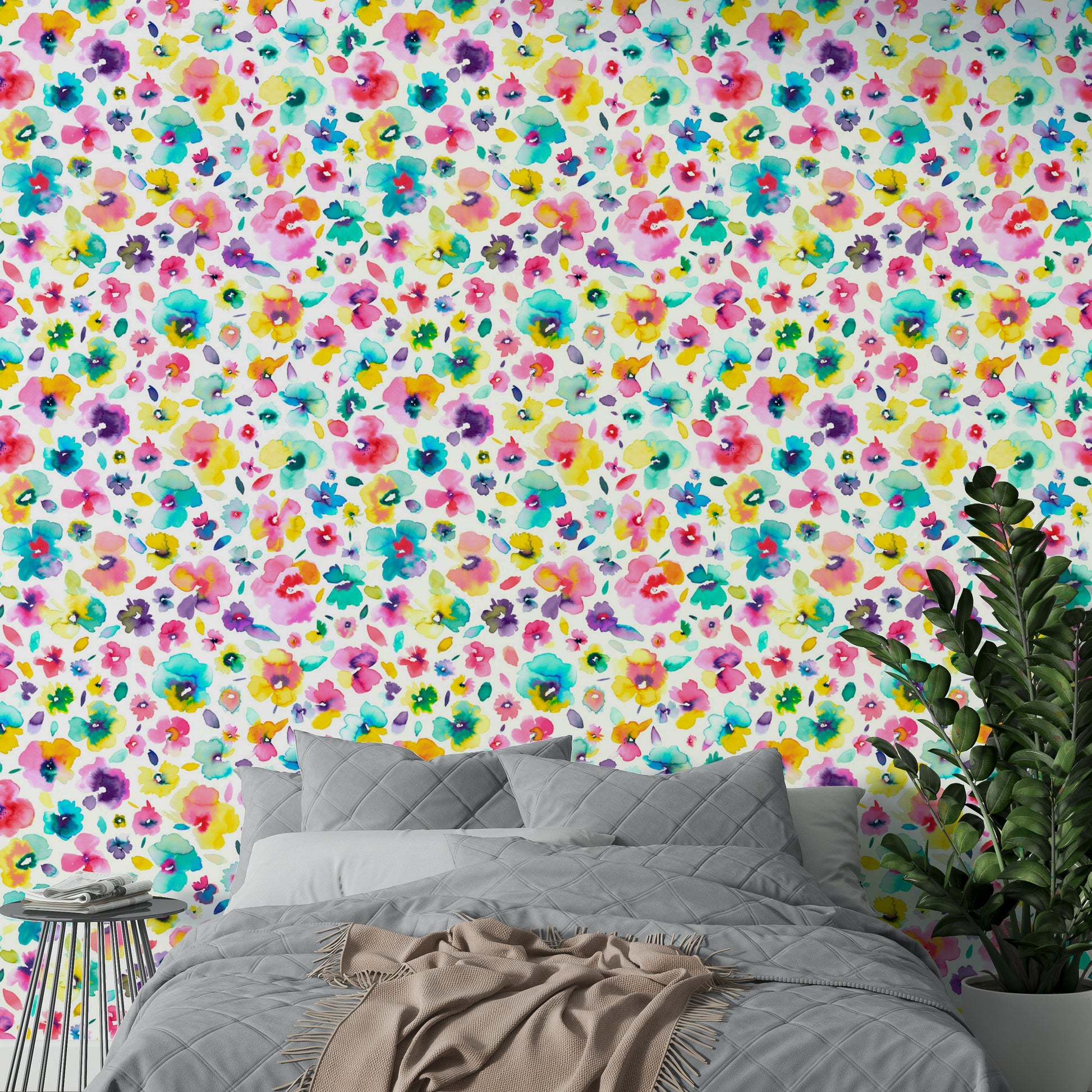 Hand-drawn floral mural with bold colors and lush leaves.

