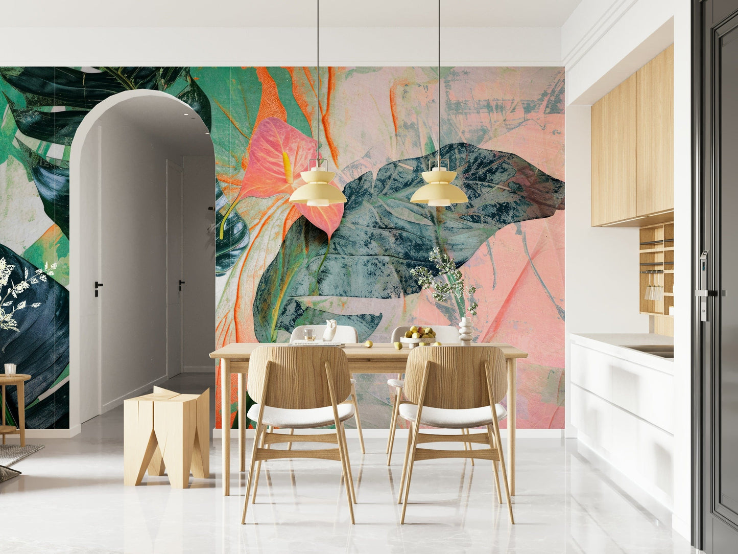 A calming foliage design wallpaper mural that defines a space.

