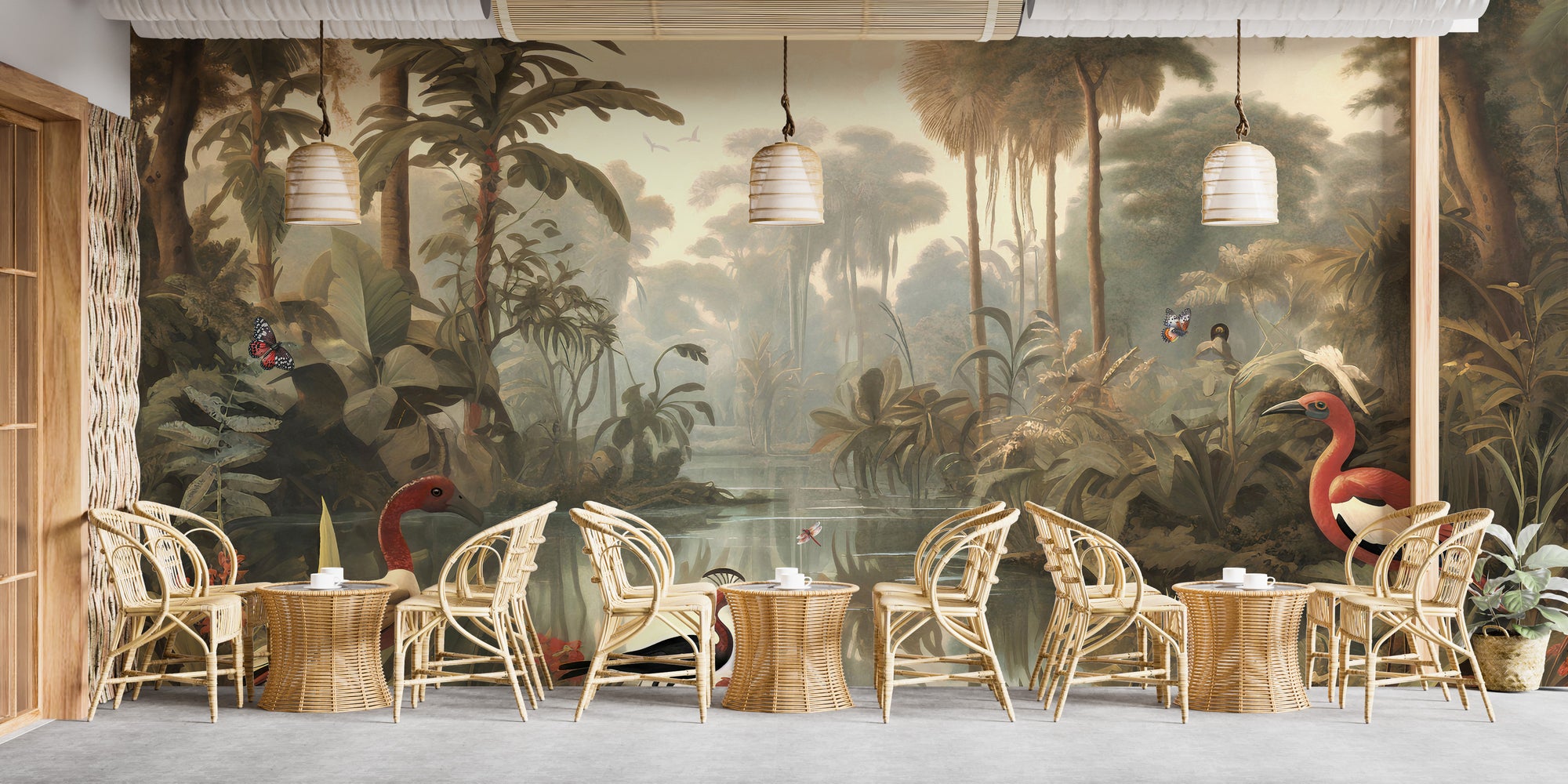 Tropical Coral Island Vintage wallpaper mural shown as a full feature wall that highlights the design