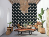 Luxe Palms mural with elegant fan fronds on a deep charcoal background.