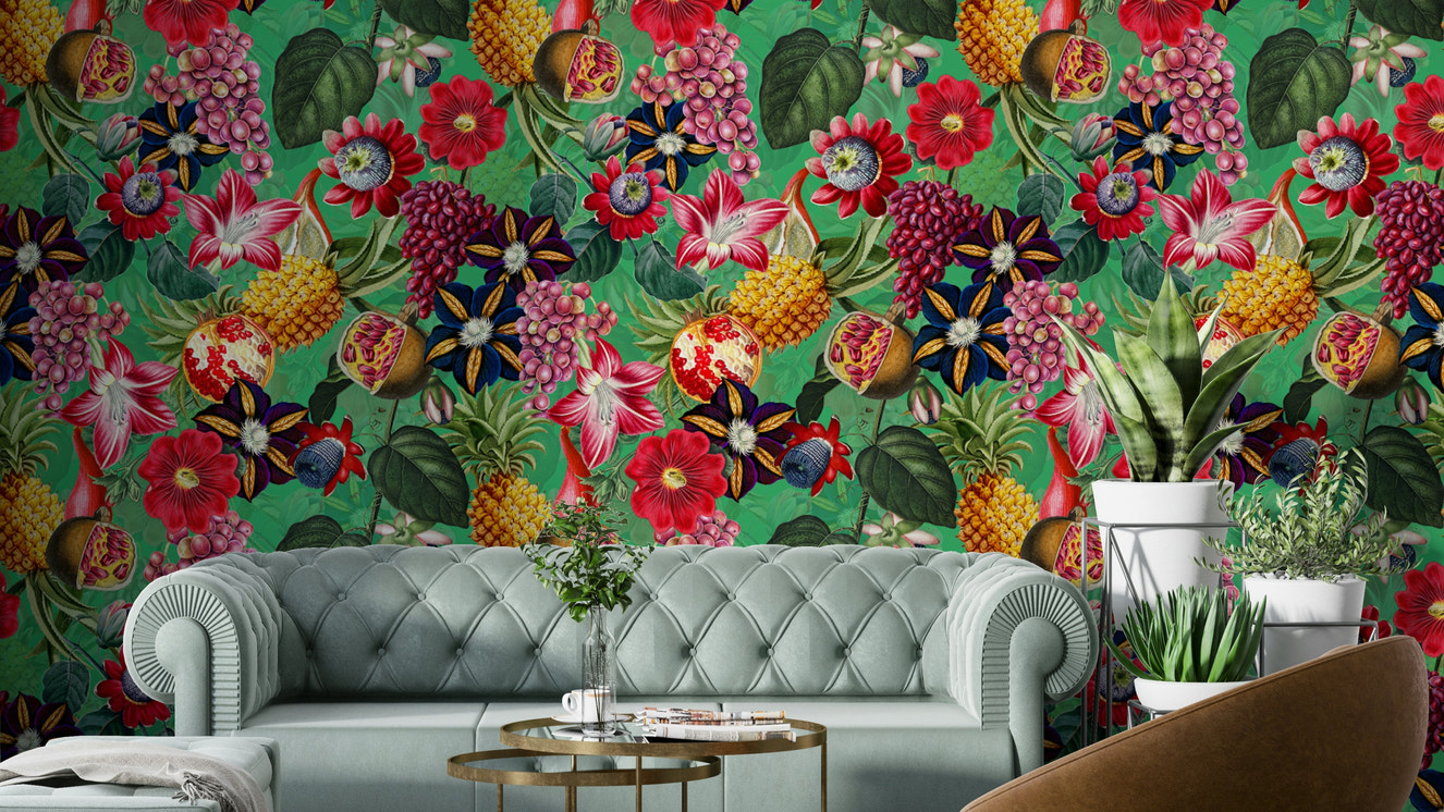 Detailed tropical wallpaper with palm leaves and vivid floral designs

